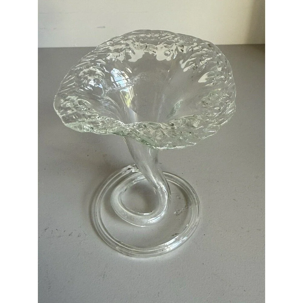 Murano Style Hand Blown Clear Glass Lily Trumpet Bud Vase Coiled Stem 3.5” Tall